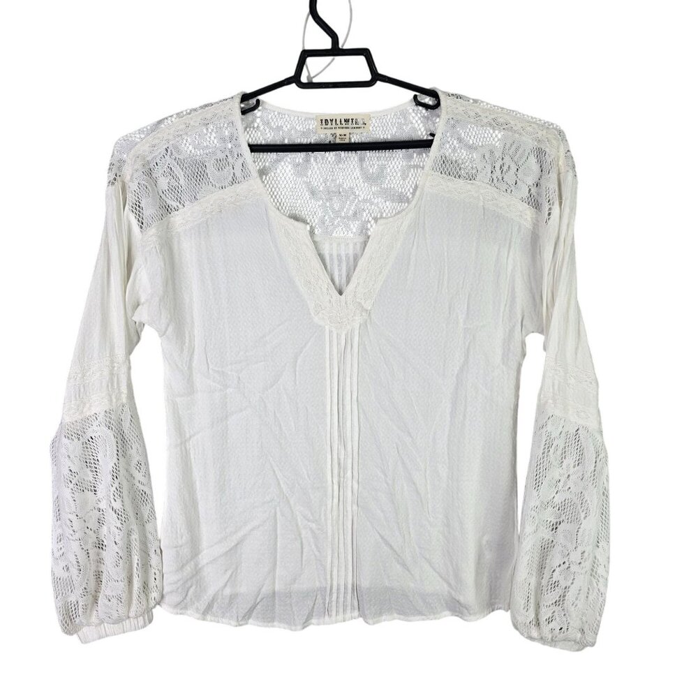 Womens Idyllwind White Lace Detail Blouse V Neck Long Sleeve Rayon Size M